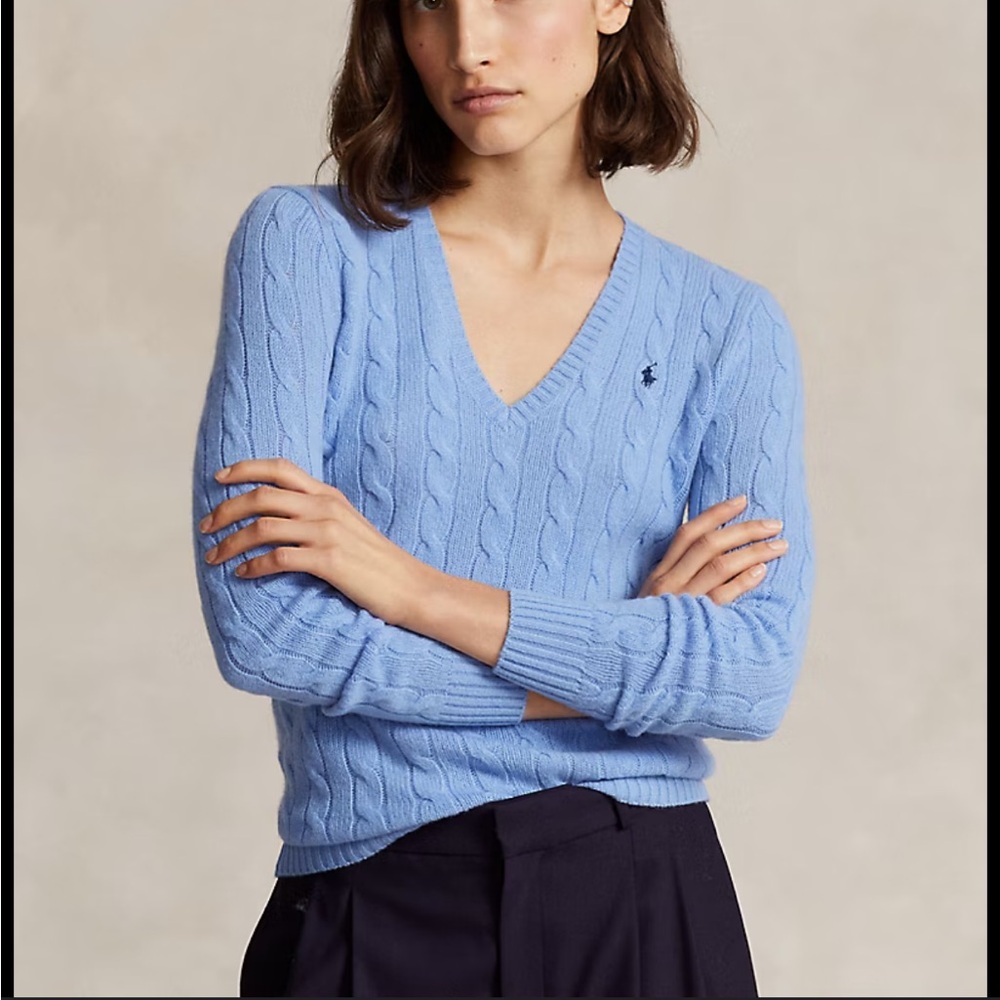 Ralph Lauren Sport Cable Knit Sweater Blue Vneck Pink Embroidered Pony Sz M
